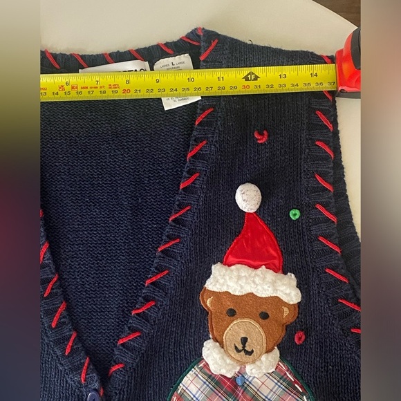 Festive Navy Holiday Sweater Vest with Bear and Candy Cane Design Size L - Picture 6 of 11